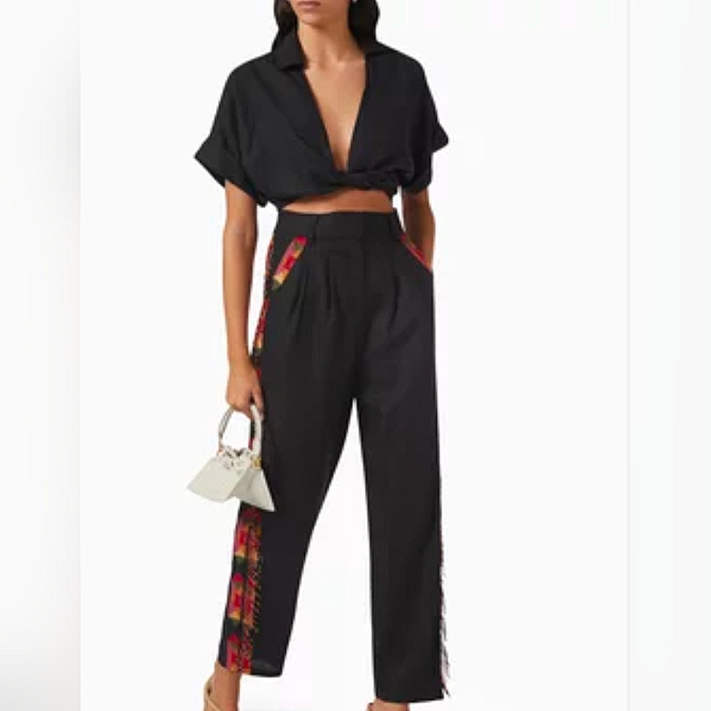 Women's Black High-Waist Trousers with Red Pattern Side Trim